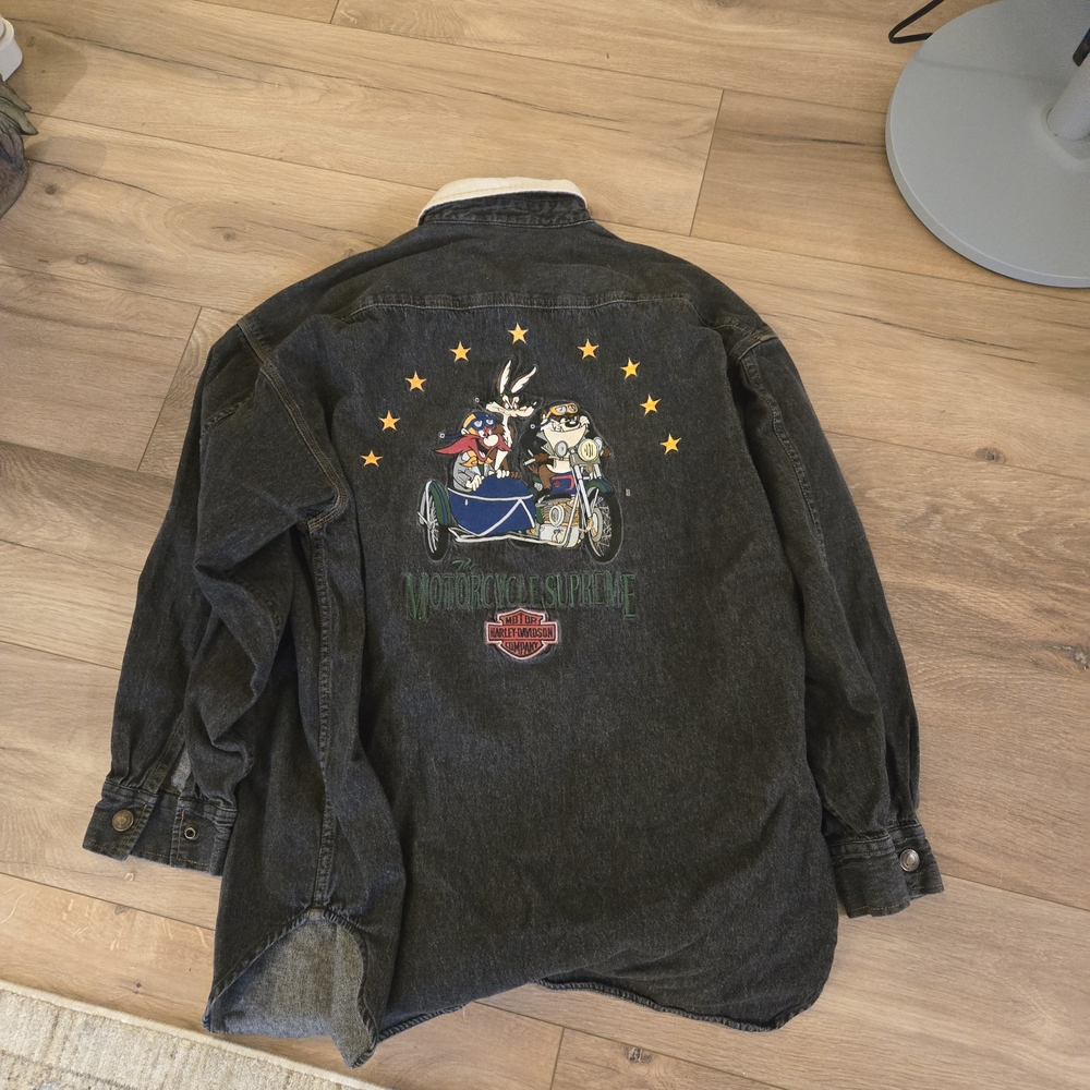 ACME Clothing Harley Davidson Loiney Tunes Black Denim Shirt Size Xl